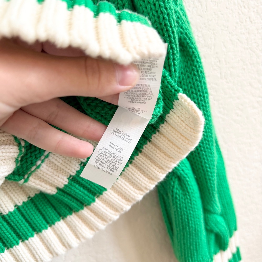 Aerie Kelly Green Cable Knit Varsity V-Neck Sweater Sz S Cotton Tennis Prep - Picture 9 of 11